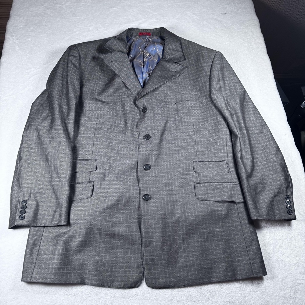 T-FUSION Blazer Mens 50 Gray Check Tweed Four Button Sport Coat Jacket Lined